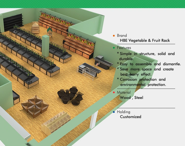 Supermarket Store Display Metal Wooden Fruit and Vegetable Stand Rack
