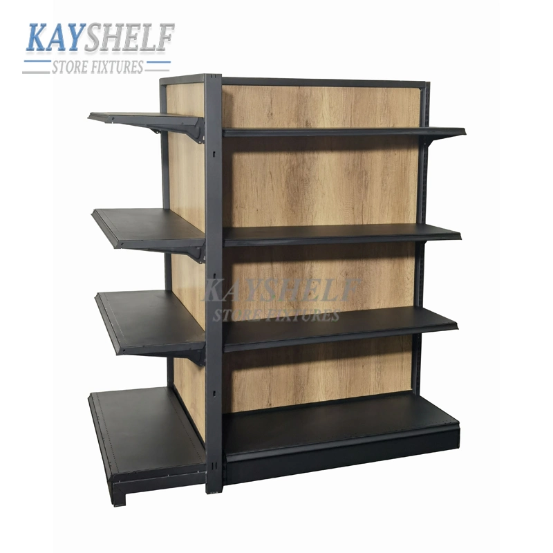 Double Sided Wooden Panel Retail Display Shelves Supermarket Gondola Rack