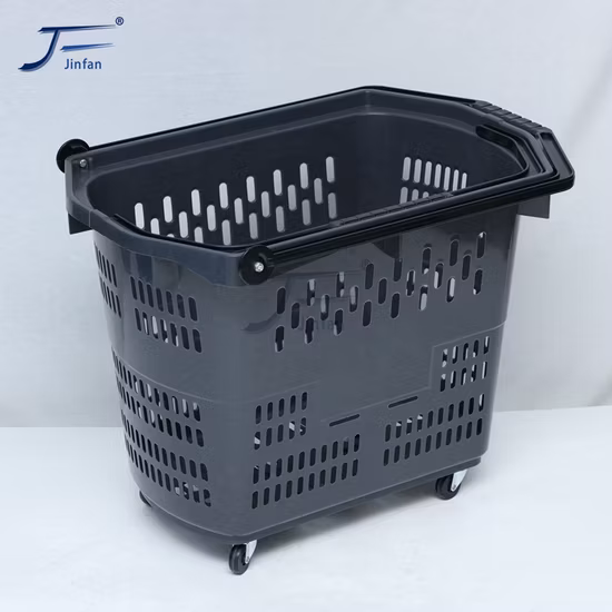 Maßgeschneiderter Design-Supermarkt-Einkaufskorb aus rollbarem Kunststoff mit vier Rädern